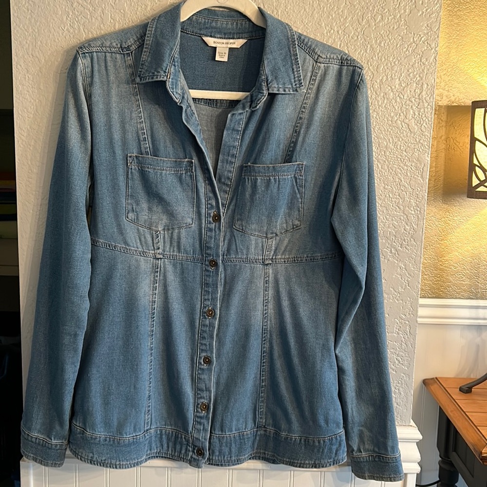 Brand- “Boston Proper” denim flowy shirt with a slight flair at bottom size 10
